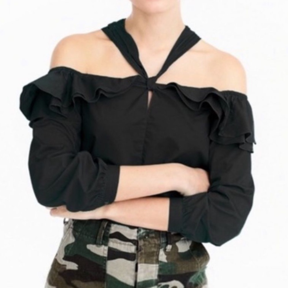 Jcrew black ruffle off the shoulder halter top